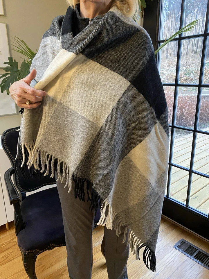 Cozy Wool Blend Black/Grey/White Buffalo Plaid Throw NWOT - Image 2 of 4