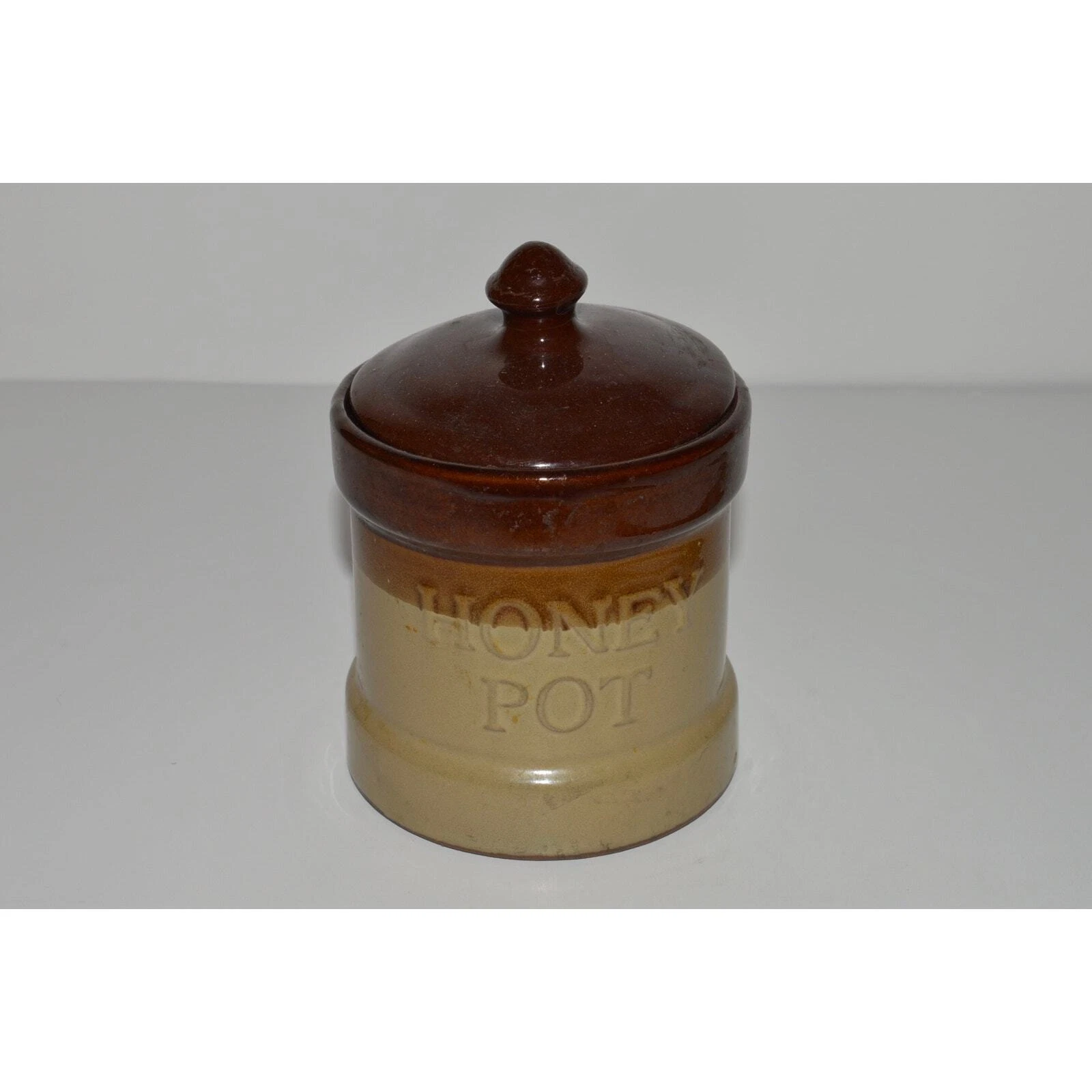 Stoneware Lidded Honey Jar, Glazed Pottery Honey Pot, Brown Glaze Crock w Beige