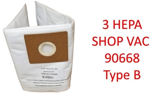 Bolsas completas Casa Vacuums 3PK Shop Vac 2-2.5 galones HEPA tipo B 90668 906-68-00 - Imagen 2 de 5
