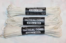 3 Rolls Tactical Cord 100' ea. White 275 lbs Test 3/32 Atwood Rope 4 Strand Core