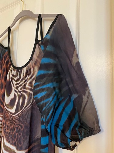 Bebe 100% Silk Cold Shoulder Blouse Animal Print Brown/Blue Size M - Picture 16 of 21