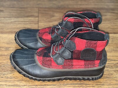 Sorel Out N About Buffalo Red Plaid Lace Up Duck Boots