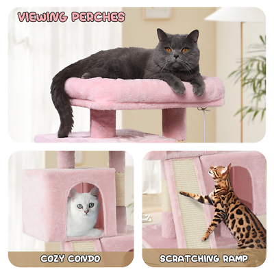 MoNiBloom Cat Tree Tower 34 Inch With 2 Condos & Scratching Posts - Soft Pink, Small Cat Play House