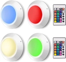 4 Push Lights Colored Puck Lights w/ 2 Remote Controls, Tap Light Cordless, RGB