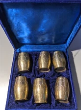 Six Vintage Solid Brass Tumblers Ceremonial Cups, Chalice In Purple Velvet Case.