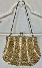 Vintage Gold Pearl Beaded Evening Bag Clutch Kiss Lock Snap Purse Clutch