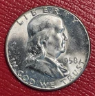 1958 P Franklin Silver Half Dollar, Uncirculated, Tone Spots.