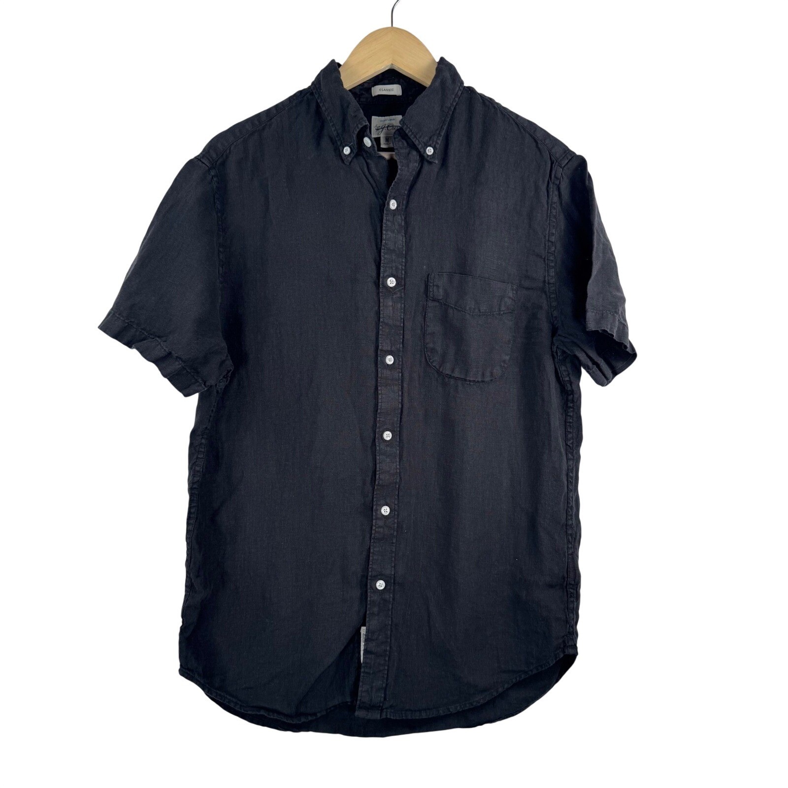 J. Crew Mens Classic Fit Short Sleeve Irish Linen Button Down Shirt Black Size M