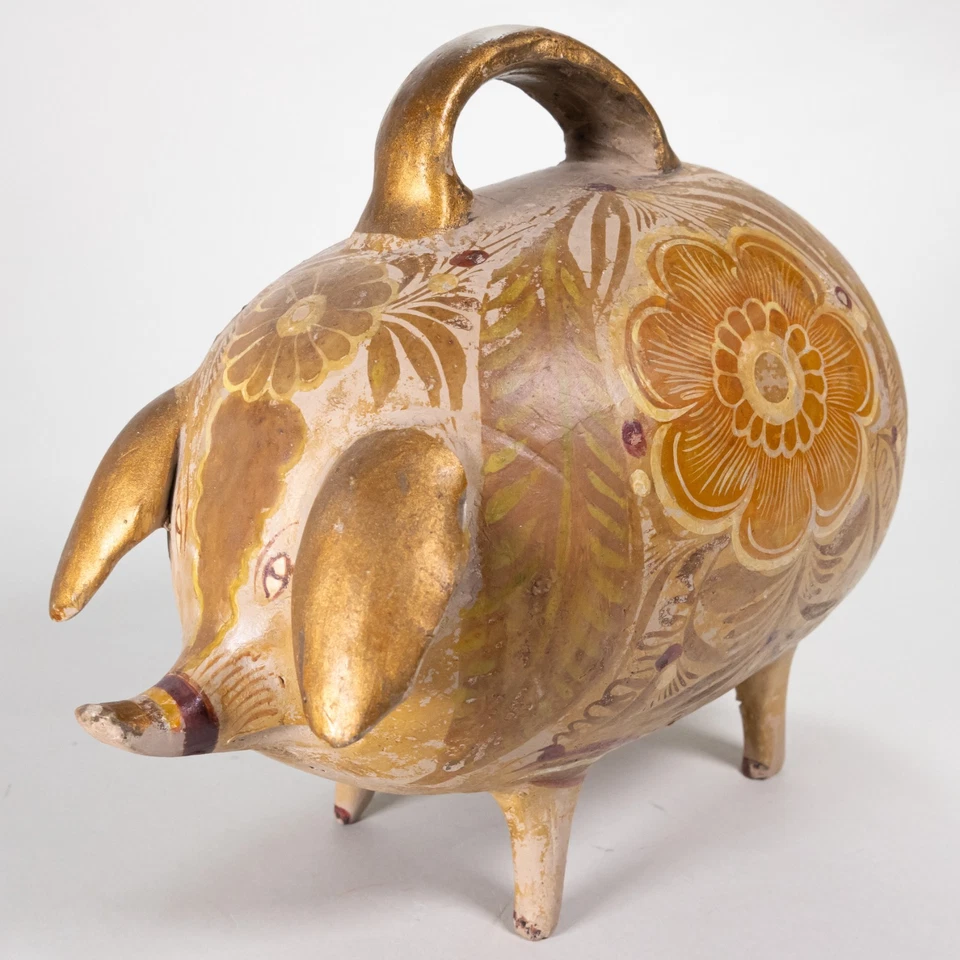 Rare Antique C.1900 Tlaquepaque Mexican Pottery Piggy Bank with Handle - Image 2 of 4