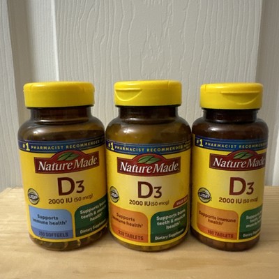 3 Pack Nature Made Vitamin D3 2000 IU Supports Immune Health 250sg 220 100 Tab