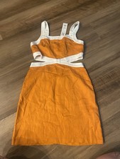 MINKPINK Orange White Linen Cut Out A-Line Dress Square Neck Sleeveless Small