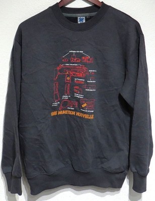 vtg Mecca MACHINE GUN BLUEPRINT FRENCH Sweatshirt MED Schematic Uzi Art Munition