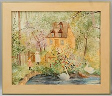 JEANNE DAVIES Girls Cottage Garden Swan American Folk Art Expressionist Painting