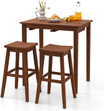 3-Piece Bar Table Set, Wooden Bistro Set W/Pub Table and 2 Saddle Stools, Bar Ch