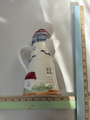 Flowers, Inc. Balloons Lighthouse Nautical Ceramic Pitcher w/ Lid 32oz 11in