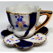 VNTG Mini Bavarian Porcelain Cobalt Blue/White Swirl Tea Set Gold Trim  Floral