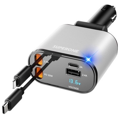 【Upgraded】 SUPERONE Retractable Car Charger 4 in 1, Fast Phone Silver 