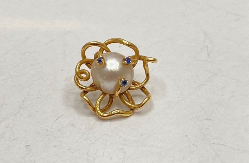 13K Yellow Gold Pearl Blue Topaz Floral Single Earring Tested 1" 6.5g