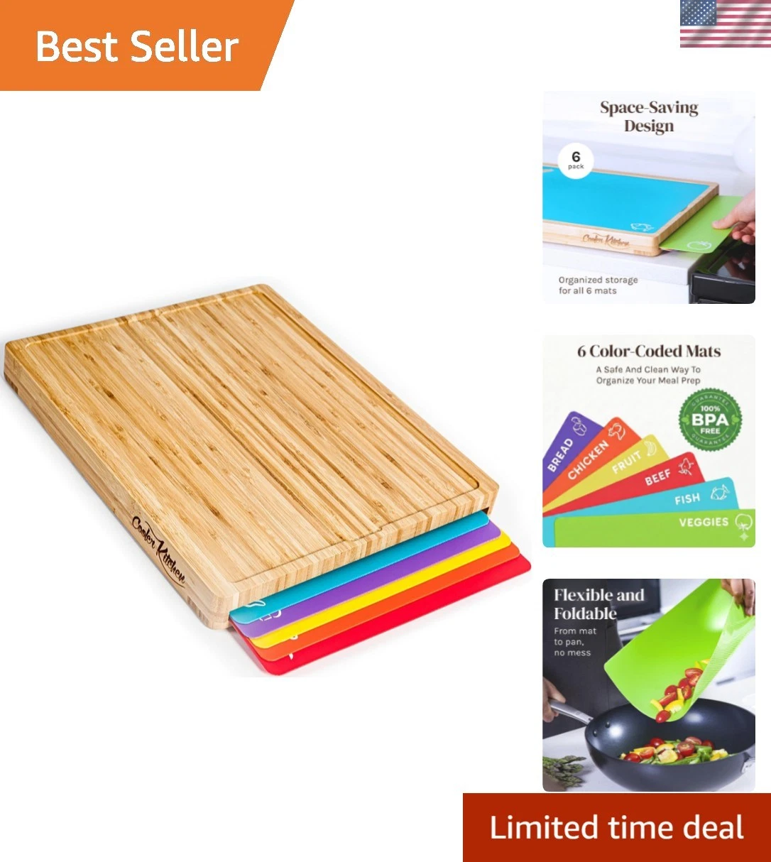 Bamboo Cutting Board Set with 6 Color Coded Flexible Plastic Mats with Food I...