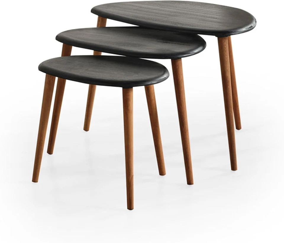 Black Wood Oval Nesting Coffee Side End Table Set of 3 Mid-Century Modern - Image 3 of 4