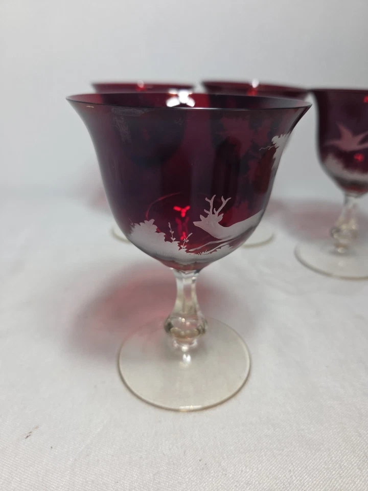 Beautiful Set Of 4 Ruby Red Cocktail Glasses With Etched Scenery  - Image 4 of 4