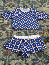 Mia Belle Swimsuit Girls 4T/5Y Blue Orange Geometric Rash Guard Skirt Set EUC