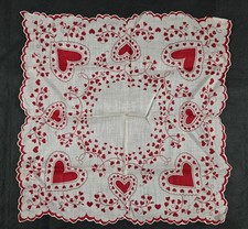 Vtg Valentine's Handkerchief Hankie Red Hearts Scalloped Edge Cotton 13"