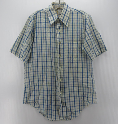 VINTAGE Arrow Shirt Men 15 Blue 70s Jacquard Leisure Plaid Dagger Collar Medium*