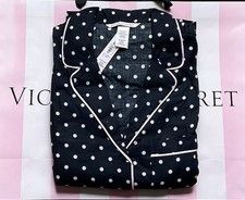 Victoria  s Secret Flannel Long Pajama Set 2 Piece Pj Set Black Pink Polka Dot XS