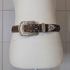VTG 90s Y2K Western Bling Rhinestone Heart Belt Silver Buckle Glam 26" - 30"