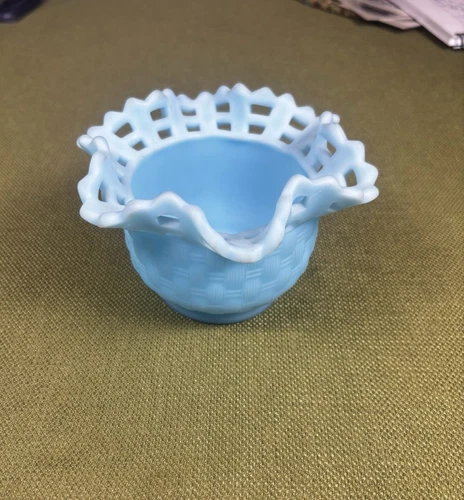 VTG Fenton Blue Milk Glass Weave Ruffled Lace Edge Small Vase Bowl Opaque Decor