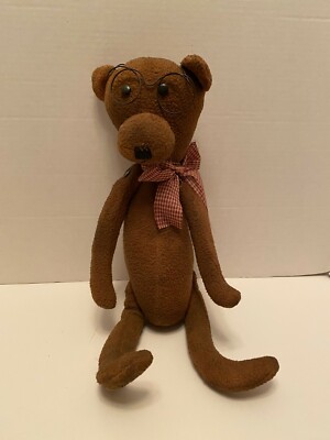 Audrey's Jointed Old Brown BEAR with Reading Glasses and plaid bow