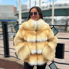Gorgeous Women Real Golden Island Fox Fur Coat Winter Mid-Length Jacket Overcoat