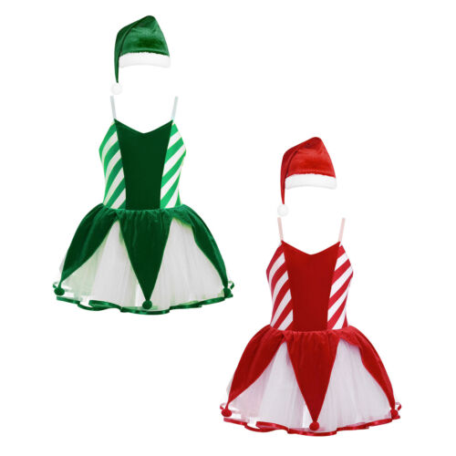Kids Girls Leotard Festival Christmas Set Adjustable Dress Tutu With Hat Game - Afbeelding 1 van 31