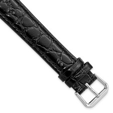18mm 8.5" Long Black Alligator-Style Grain Leather Silver-tone Buckle Watch Band