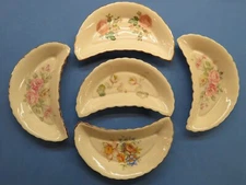 4 Vintage Porcelain Crescent Fish Bone Dishes ~ Gold Trim & Roses, Flowers