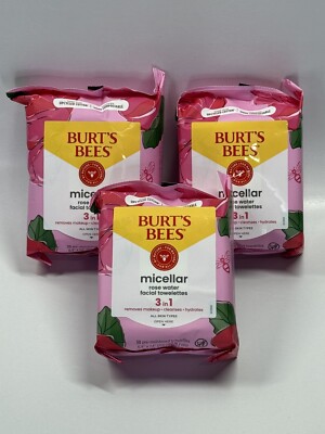 Lot of 3 - Burt's Bees Micellar Rose Water Facial Towelettes | 30 qty