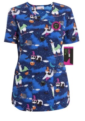 Scrubstar Womens Print Scrub Top V-Neck Nurse Medical Uniform Blue NEW