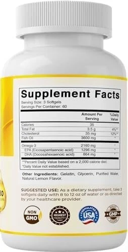 Vitamatic Triple Strength Omega 3 Fish Oil 3600mg Per Serving, 2160mg Omega 3 Fa - Picture 7 of 7