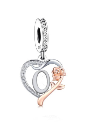 BUCHSTABE O NAME INITIALE HERZ & ROSE BAUMELN CHARM   ECHT 925 STERLING SILBER