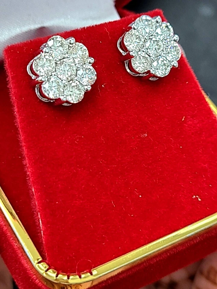 ¡OFERTA! Pendientes redondos de 2,60 quilates con racimo de diamantes genuinos de oro de 14 quilates de 11,15 mm Foto 2 de 4