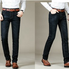 Men Straight Jeans Long Trousers Stretch Slim-Fit Casual Denim Pants Business