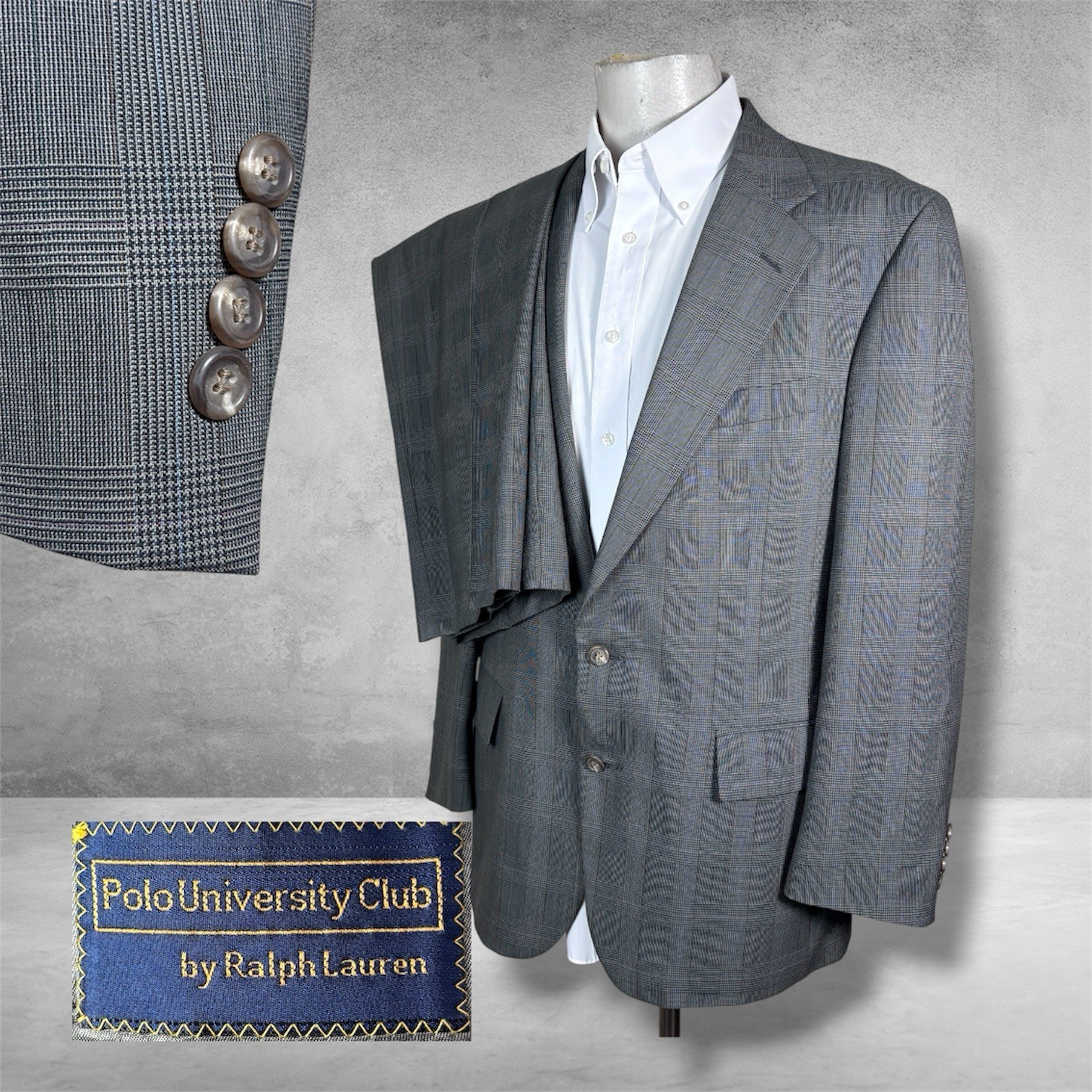 Polo Ralph Lauren University Mens 42R 34x31 Vintage Gray Plaid Wool