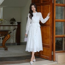 French Style Womens Hollow Out Embroidery Long Sleeve Lace Dress Single Breasted