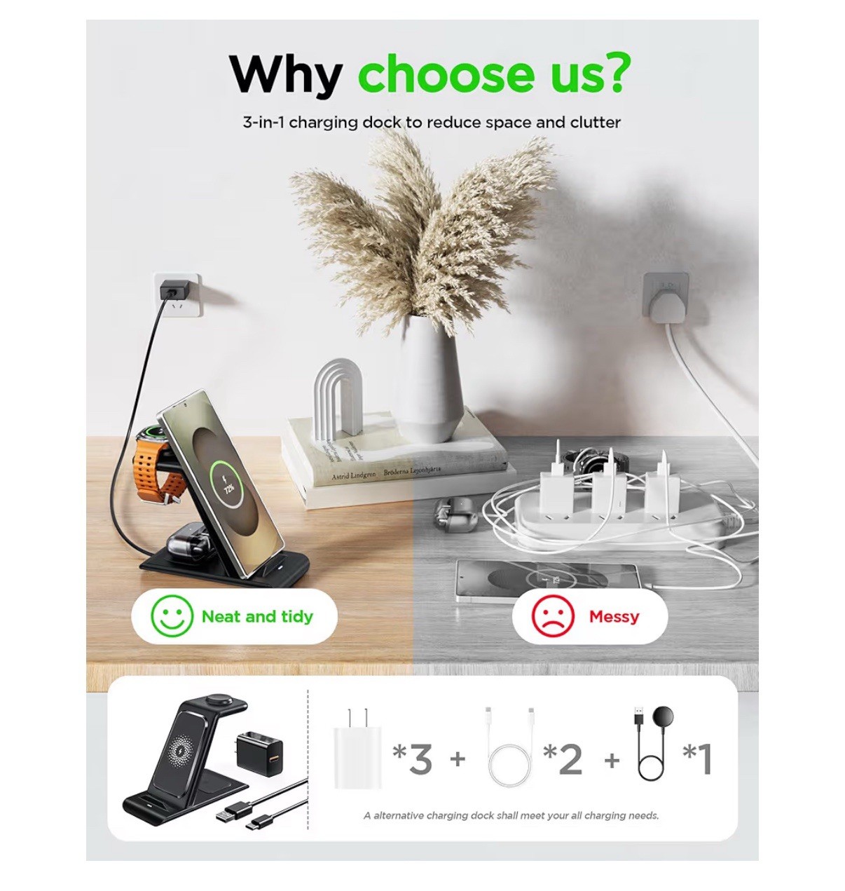 3in1 Wireless Charger Stand Charging Dock For Samsung S24 Note20 Galaxy Watch 7