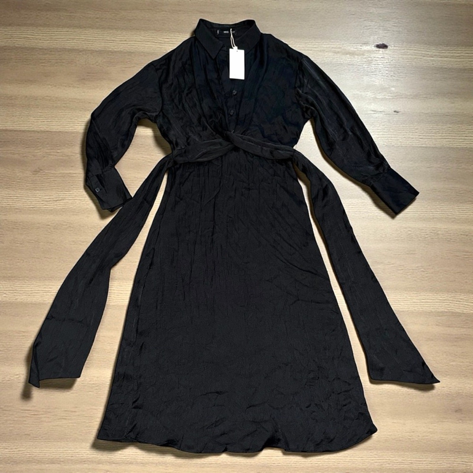 MNG Mango Elegant Black Satin Wrap Maxi Shirt Dress NWT Size 4
