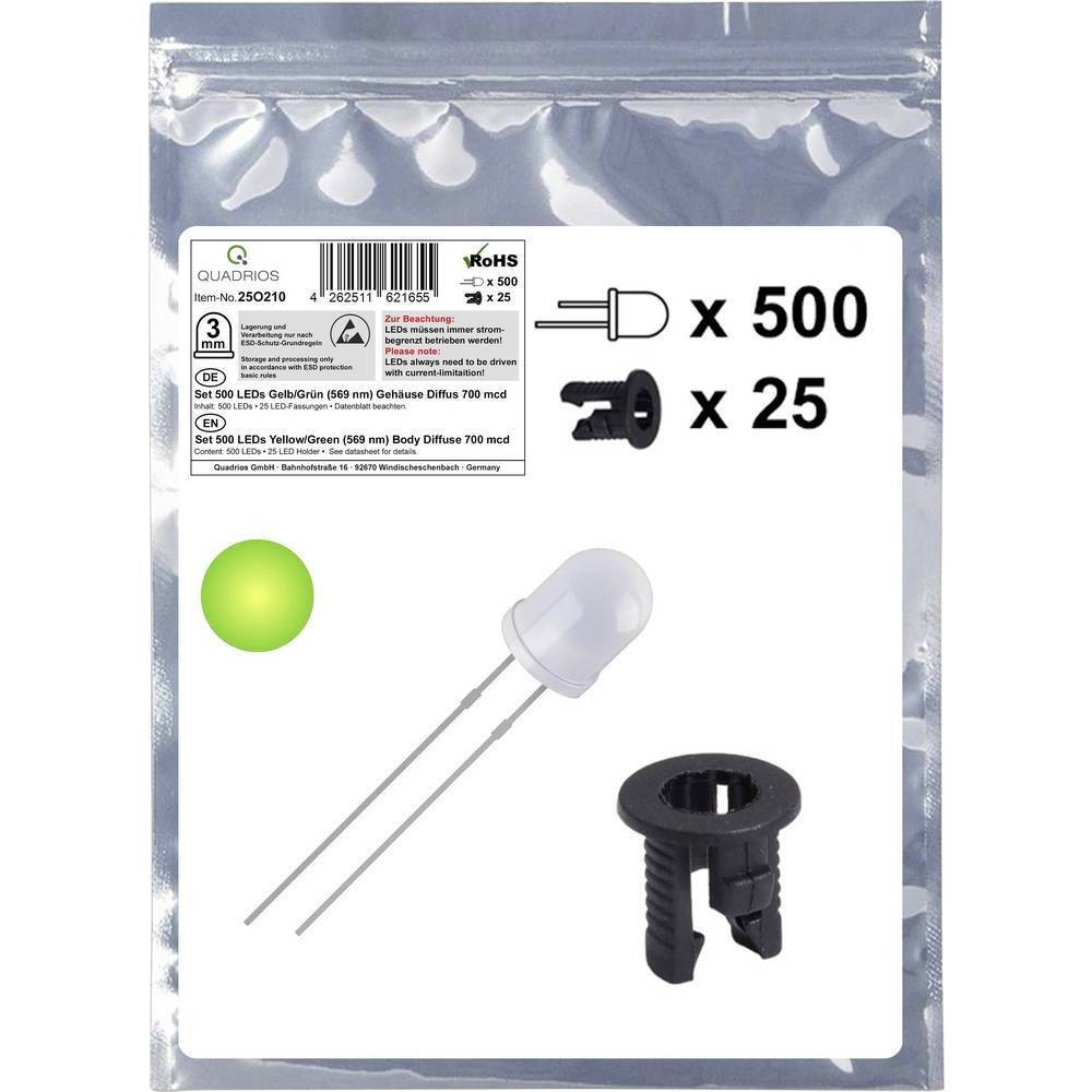 LED jaune-vert ronde 3 mm 700 mcd 20 mA 2.0 V Quadrios 25O210 diode électroluminescente