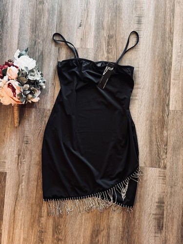 NWT Lucky & Blessed Black Rhinestone Fringe Mini Dress Western Boho Party Size L