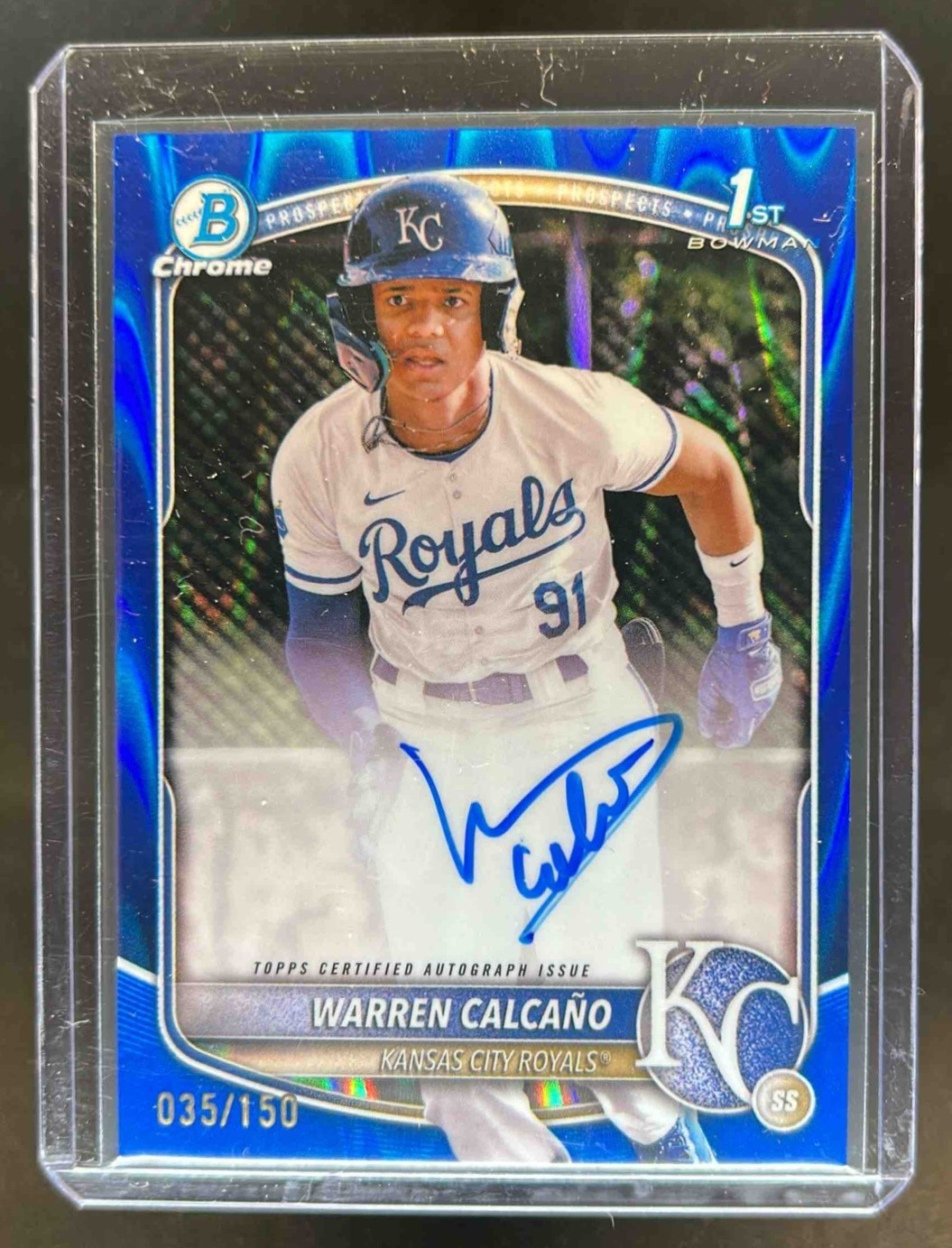 2025 Bowman Chrome Warren Calcano Auto Blue RayWave Refractor 1st Prospect #/150