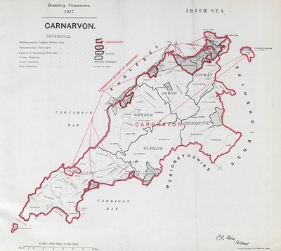 Carnarvon Parliamentary County. Wales. GRENZKOMMISSION. Schließen 1917 alte Karte
